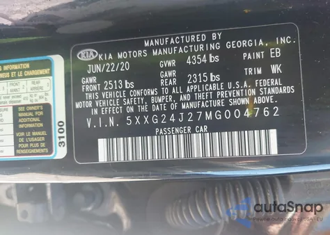 2021 Kia K5 Lx from USA, damaged, VIN 5XXG24J27MG004762